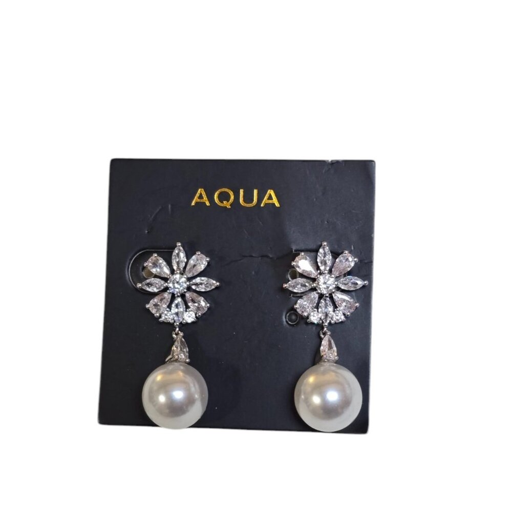 Aqua Imitation Pearl Drop Statement Earrings Silver Tone Pierced NWT